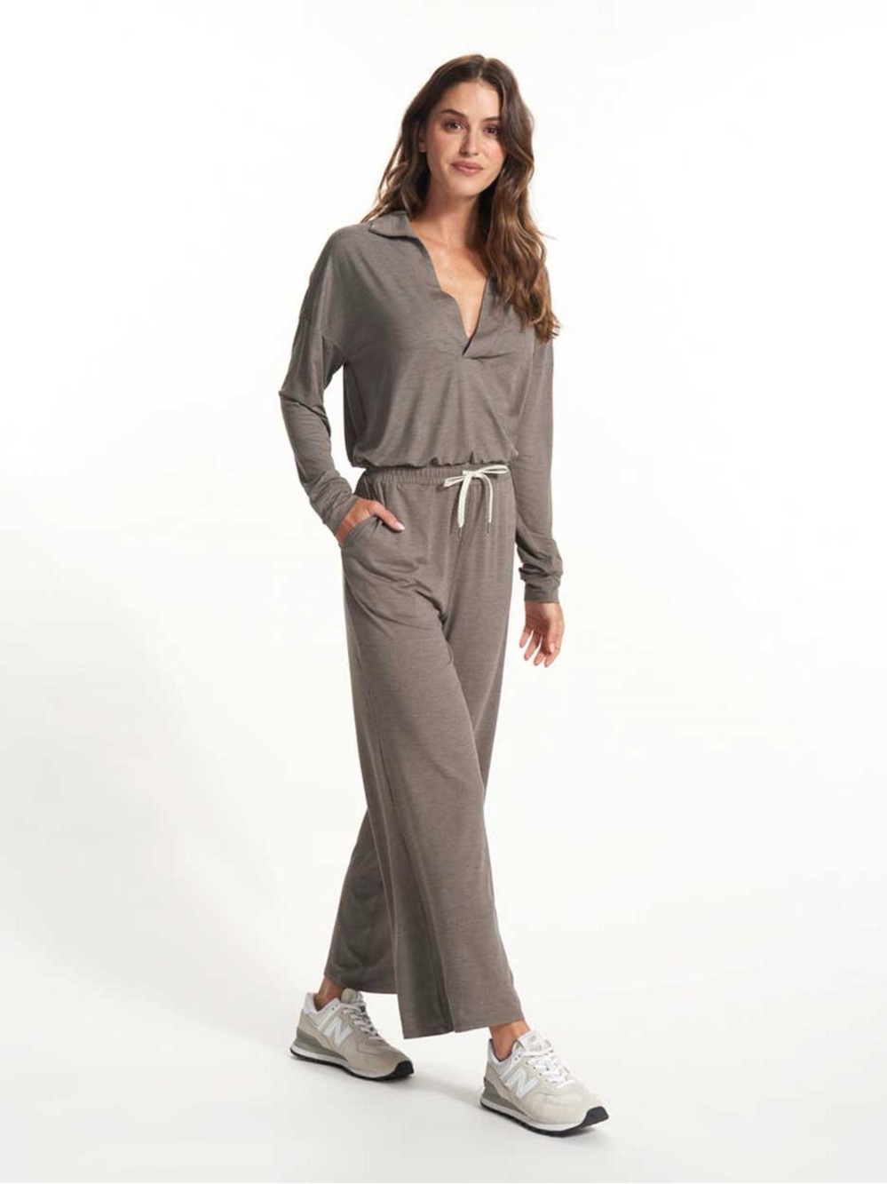 Vuori Long-Sleeve V-Neck Jumpsuit in Taupe Gray